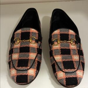 Gucci Black Pink and White Plaid Tweed Loafers size 36